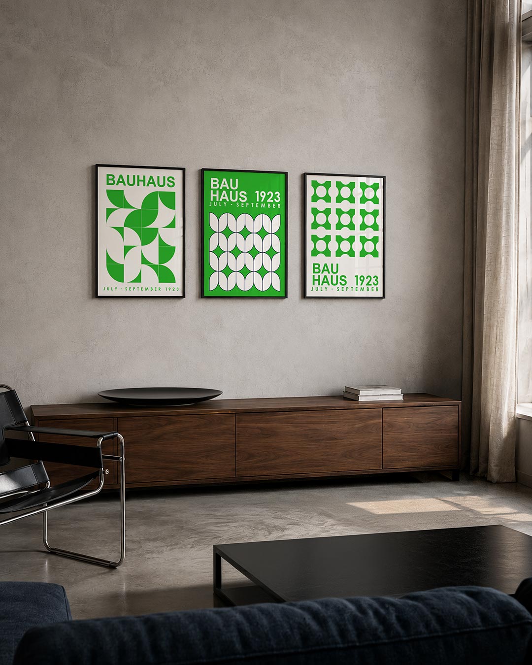Vorm en kleur driedelige posterset – deze posterset in drie delen toont een levendig spel van groene en witte vlakken. Halve