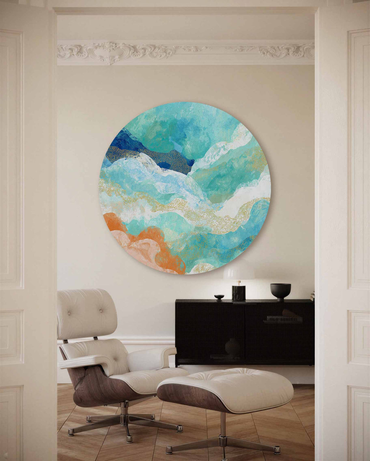 Golvende blauwe – portret muurcirkel als ronde muurdecoratie