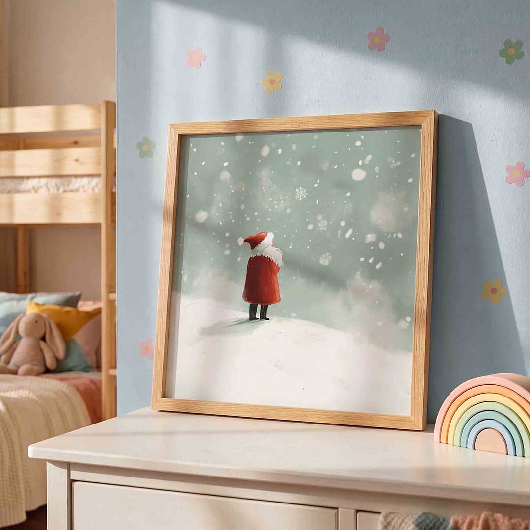 Sneeuwlandschap met figuur – speelse wandkunst als vierkante kinderposter
