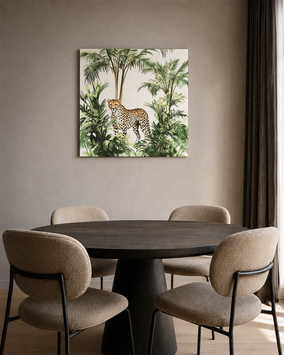 Jungle scène kunstwerk – derde productweergave – dit kunstwerk toont een sierlijke cheetah omringd door weelderige groene