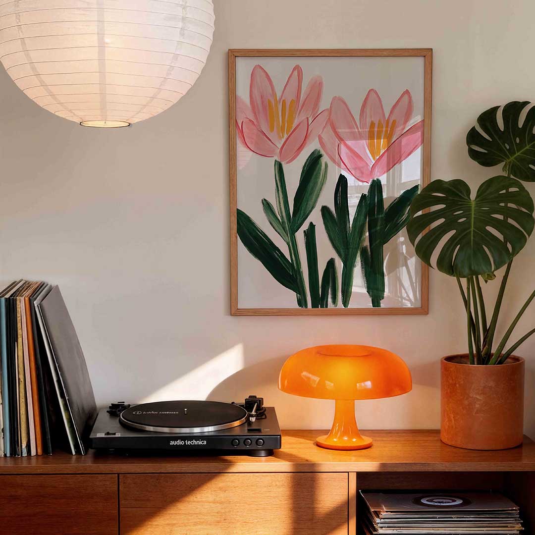 Bloemen in roze en groen – staande bloemen wanddecoratie van WallArtistic