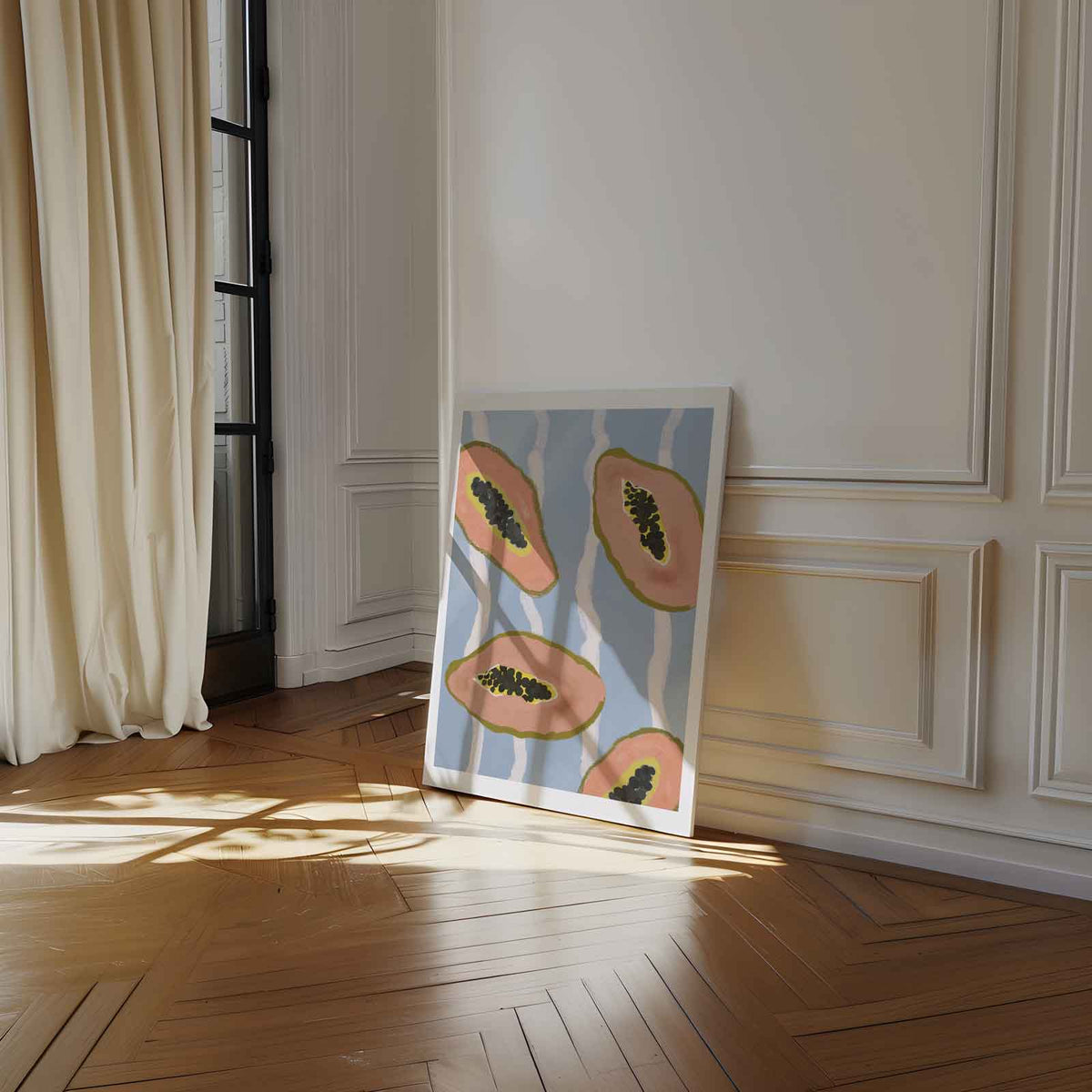 Tropische Papaya Vibes – kunstwerk met zwarte baklijst