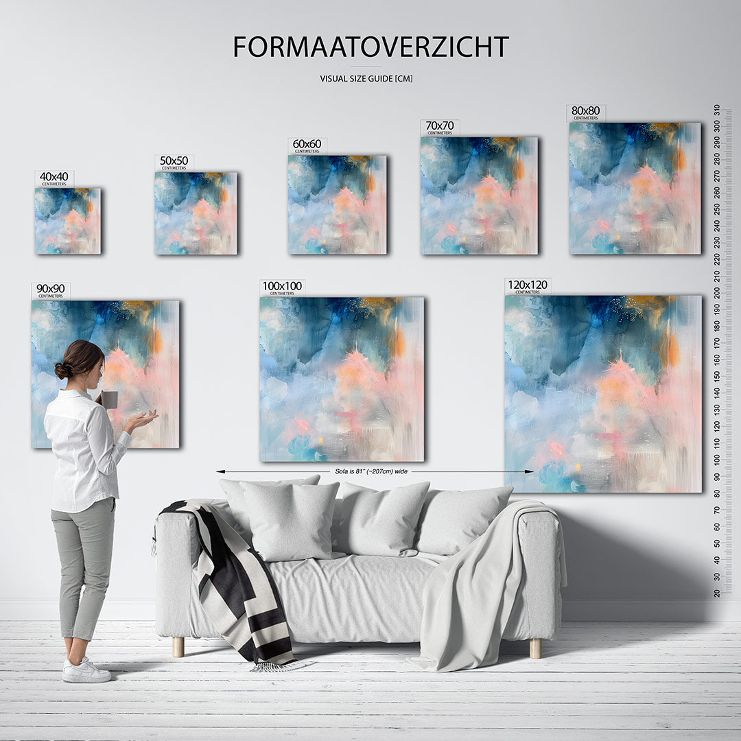 Dromerige kleurenexplosie kunstwerk – materiaalweergave – dit werk toont een vloeiende mix van zachte kleuren en vormen. De