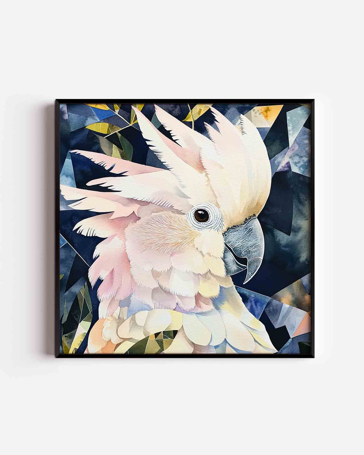 Kaketoe met geometrische achtergrond – vierkante dierenposter als wanddecoratie
