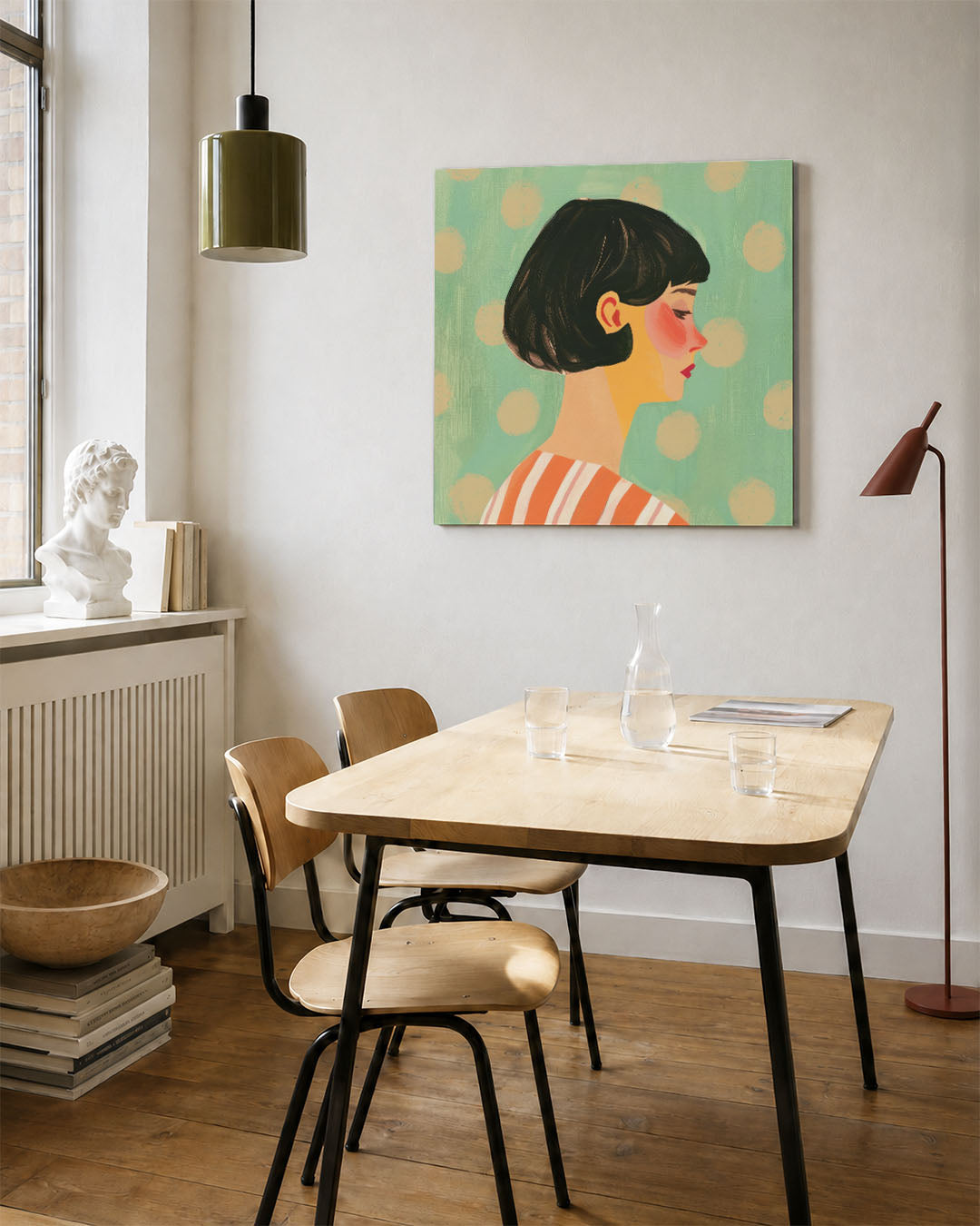 Portret zijaanzicht kunstwerk – vierkante wanddecoratie – dit werk toont een zijaanzicht van een vrouw met kort zwart haar