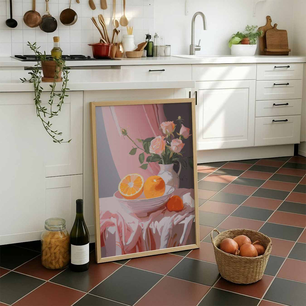 Romantische Rozen en Sinaasappels – staande muurposter voor keuken of eethoek