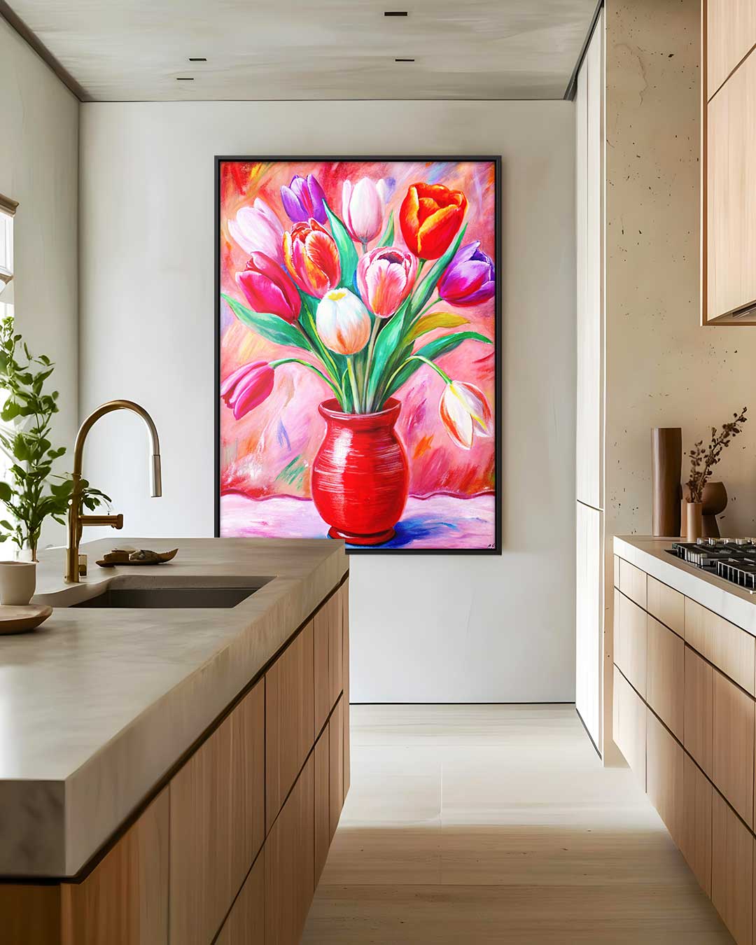 Kleurrijke Tulpen in Rode Vaas – plexiglas wanddecoratie in portret formaat