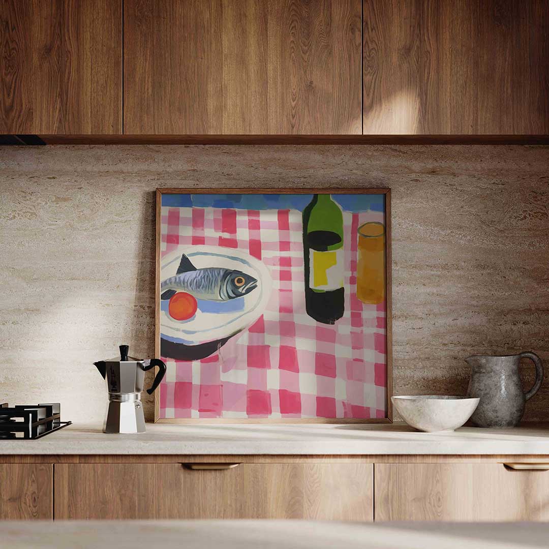 Vis en fles op tafel – culinaire wandkunst als vierkante poster