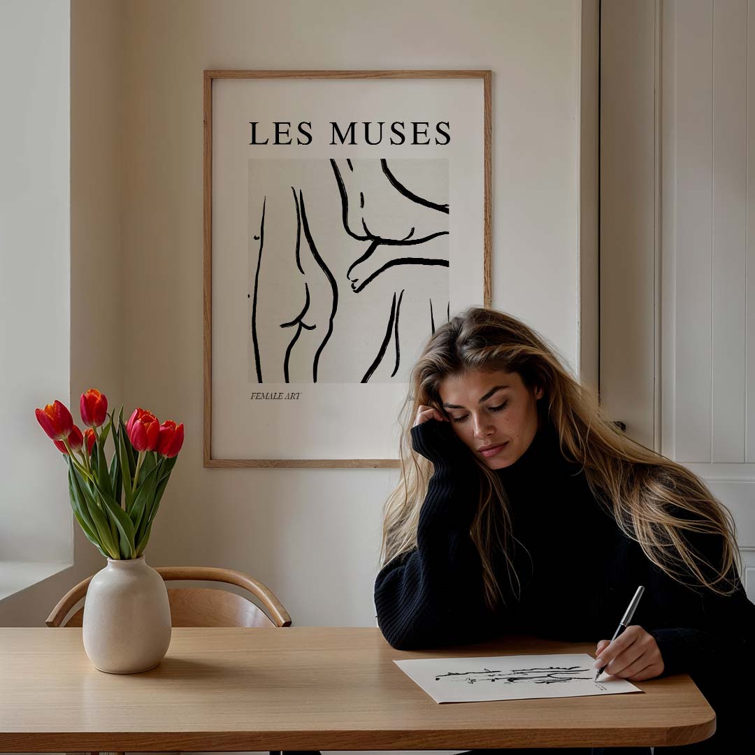 Les Muses: Kunstzinnige Studie – lijntekening poster in staand formaat