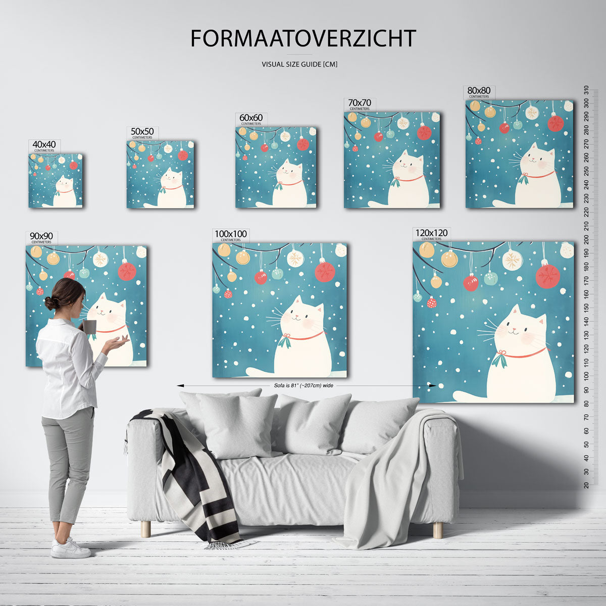 Witte kat met kerstballen – vierkante muurposter voor de kinderkamer