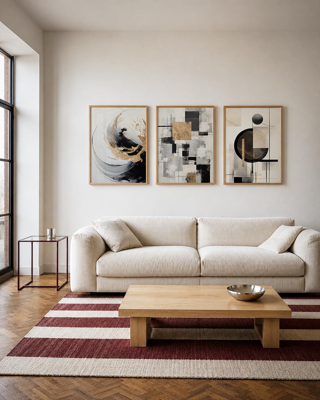 Gouden vortex driedelige posterset – deze compositie toont een dynamisch spel van zwart, wit en