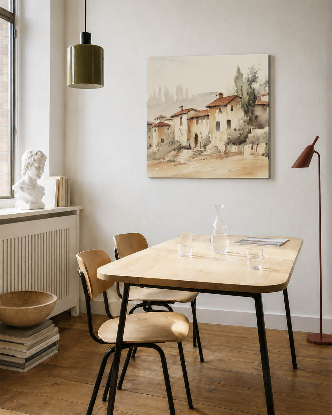 Dorpsgezichten kunstwerk – detailweergave – dit werk toont een dorp met warme aardetinten. De huizen hebben rode daken en