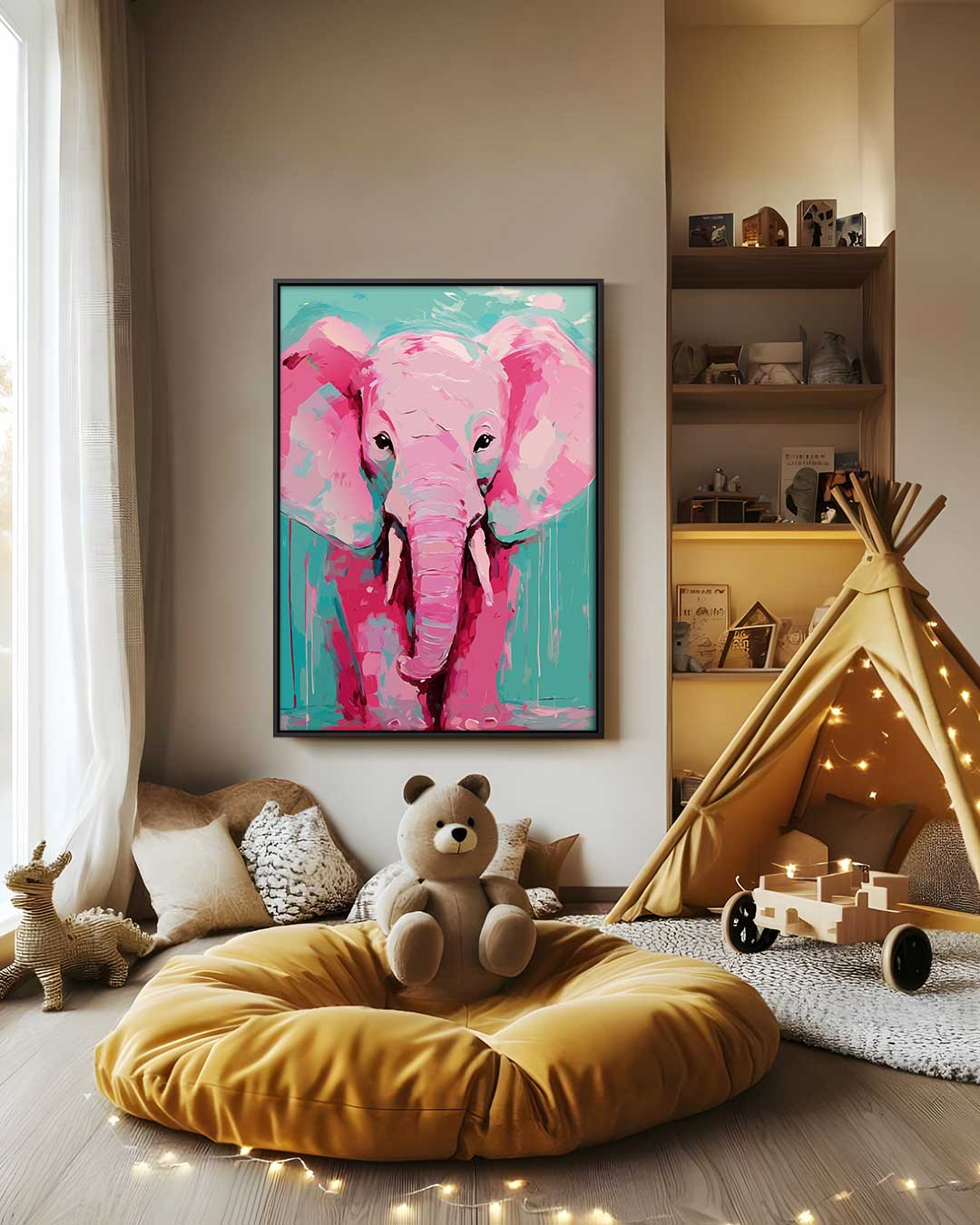 Kleurrijke Olifantenkunst – canvas wanddecoratie in portret formaat
