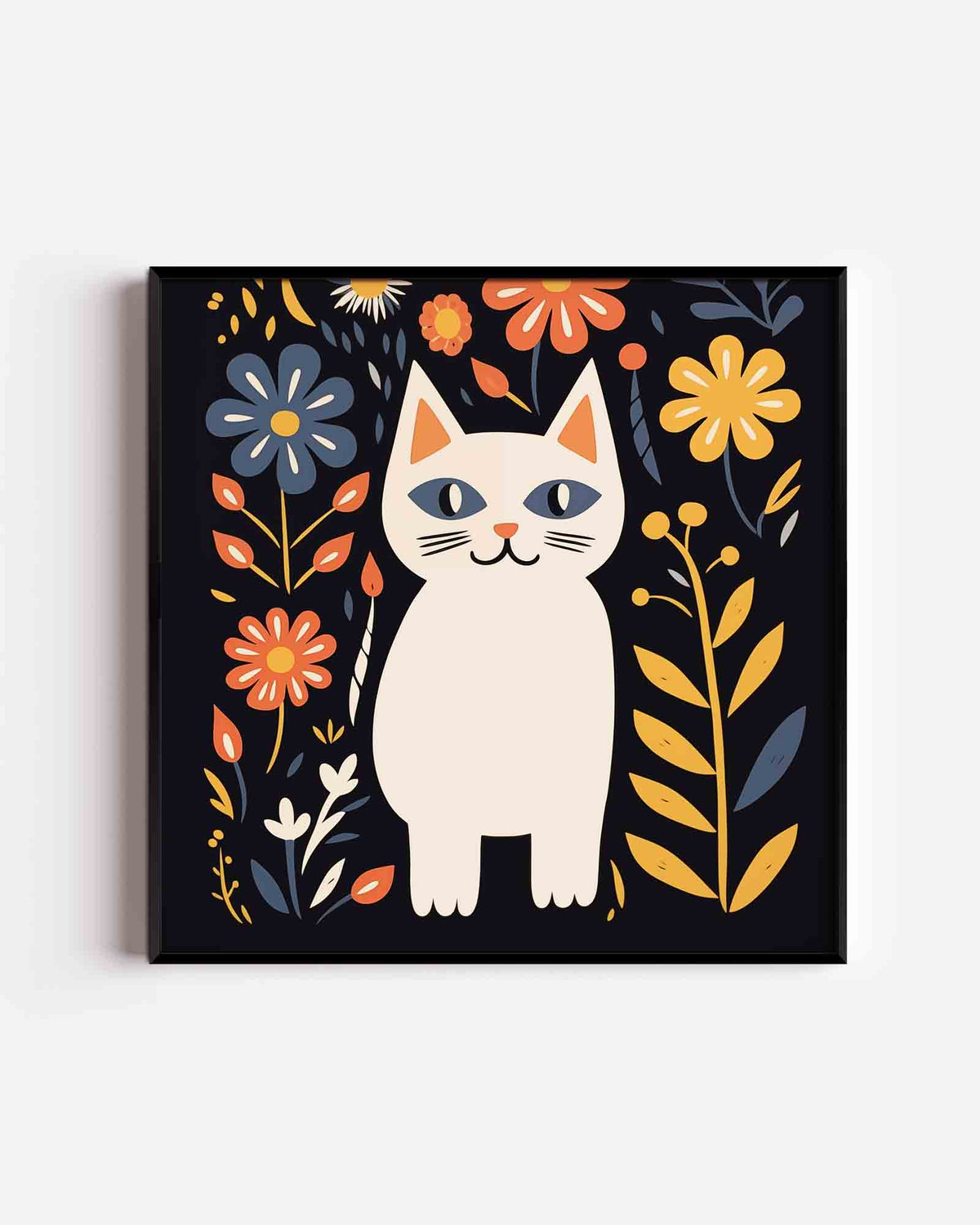 Kat met bloemen – vierkante kinderposter als wanddecoratie