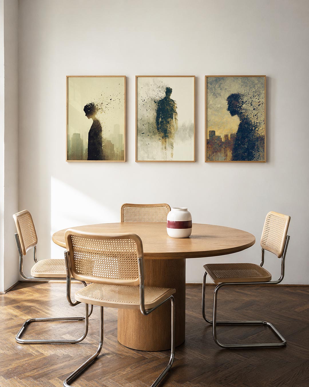 Vervagende silhouet driedelige posterset in interieur