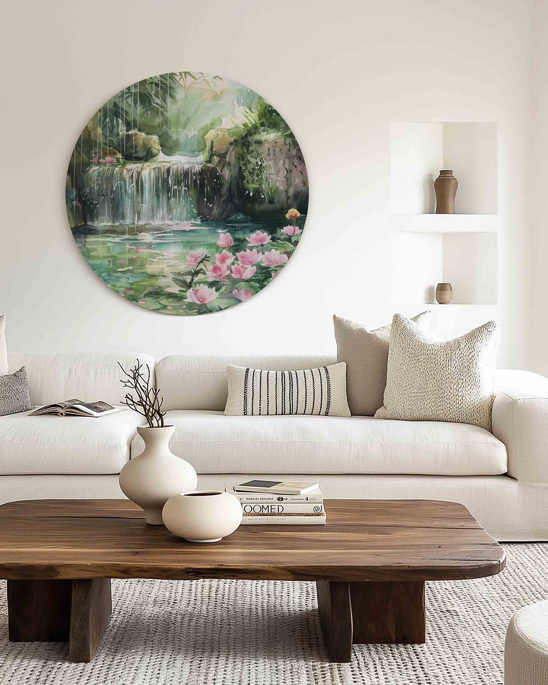 Waterval en bloemen – muurcirkel met kleur en vormen voor aan de muur