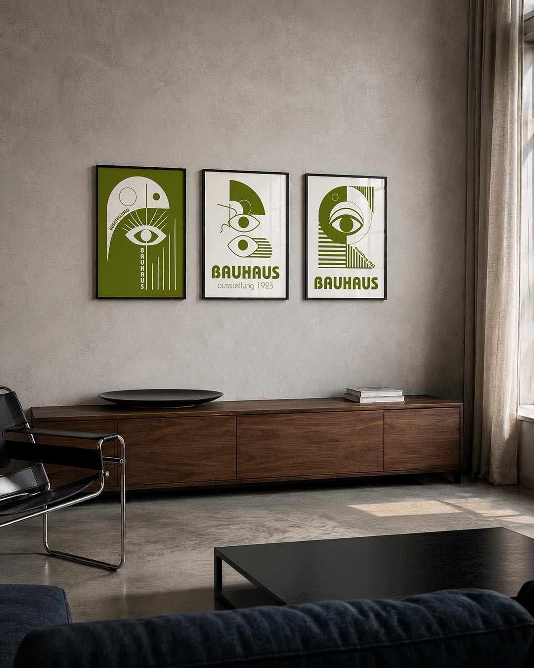 Oog en lijnen posterset – tweede productweergave – een groene achtergrond met een wit oog centraal. Rechte en gebogen lijnen