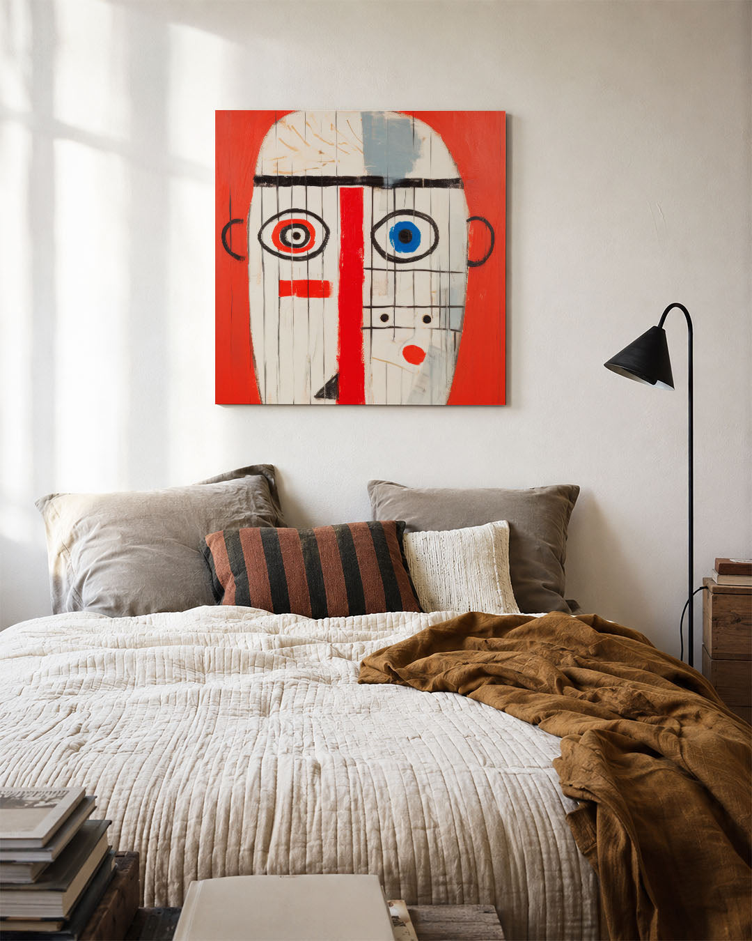 Geometrisch portret kunstwerk – detailweergave – dit werk toont een gezicht met geometrische vormen en lijnen. De kleuren