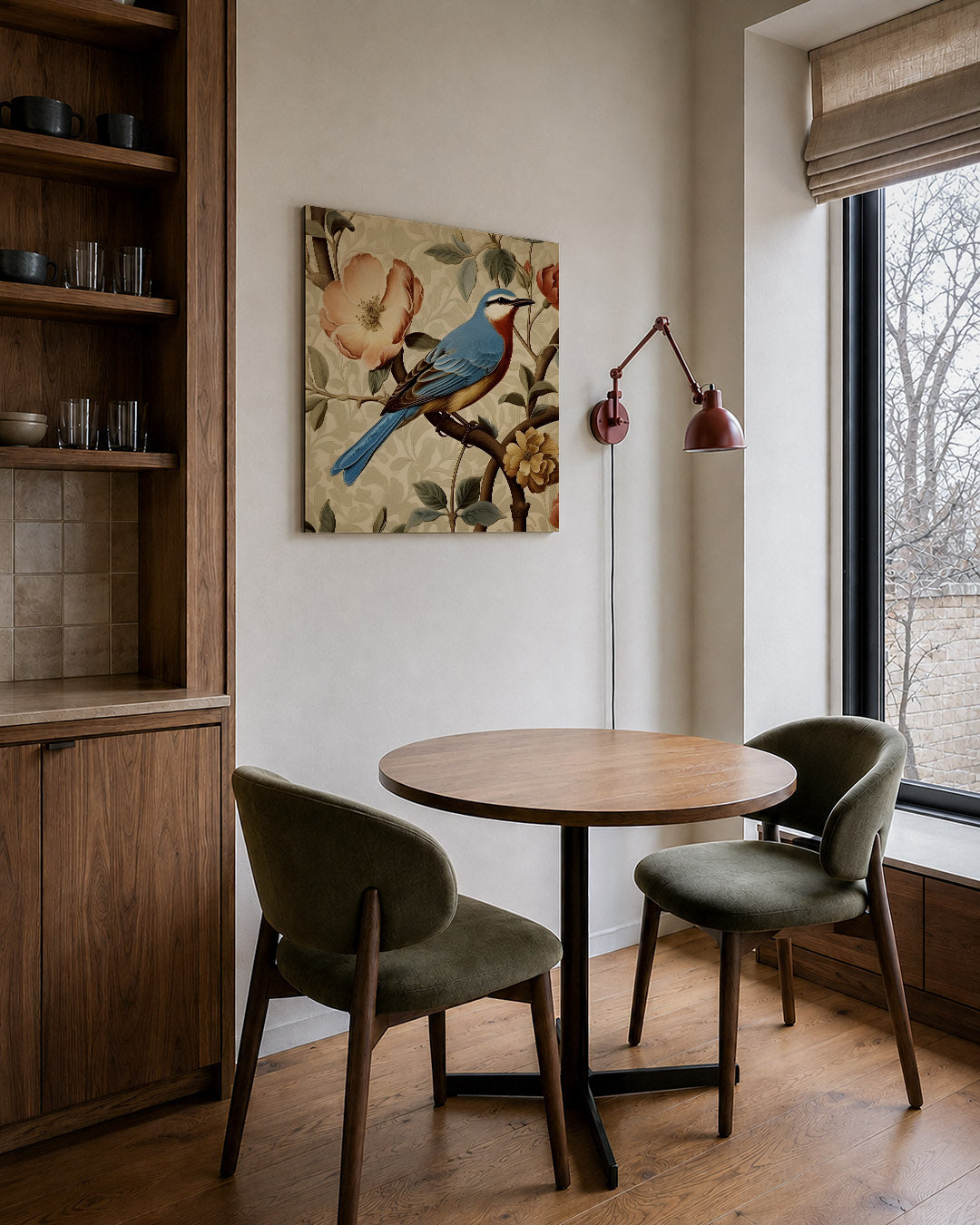 Vogel en bloemen kunstwerk – derde productweergave – dit werk toont een kleurrijke vogel te midden van bloemen en bladeren