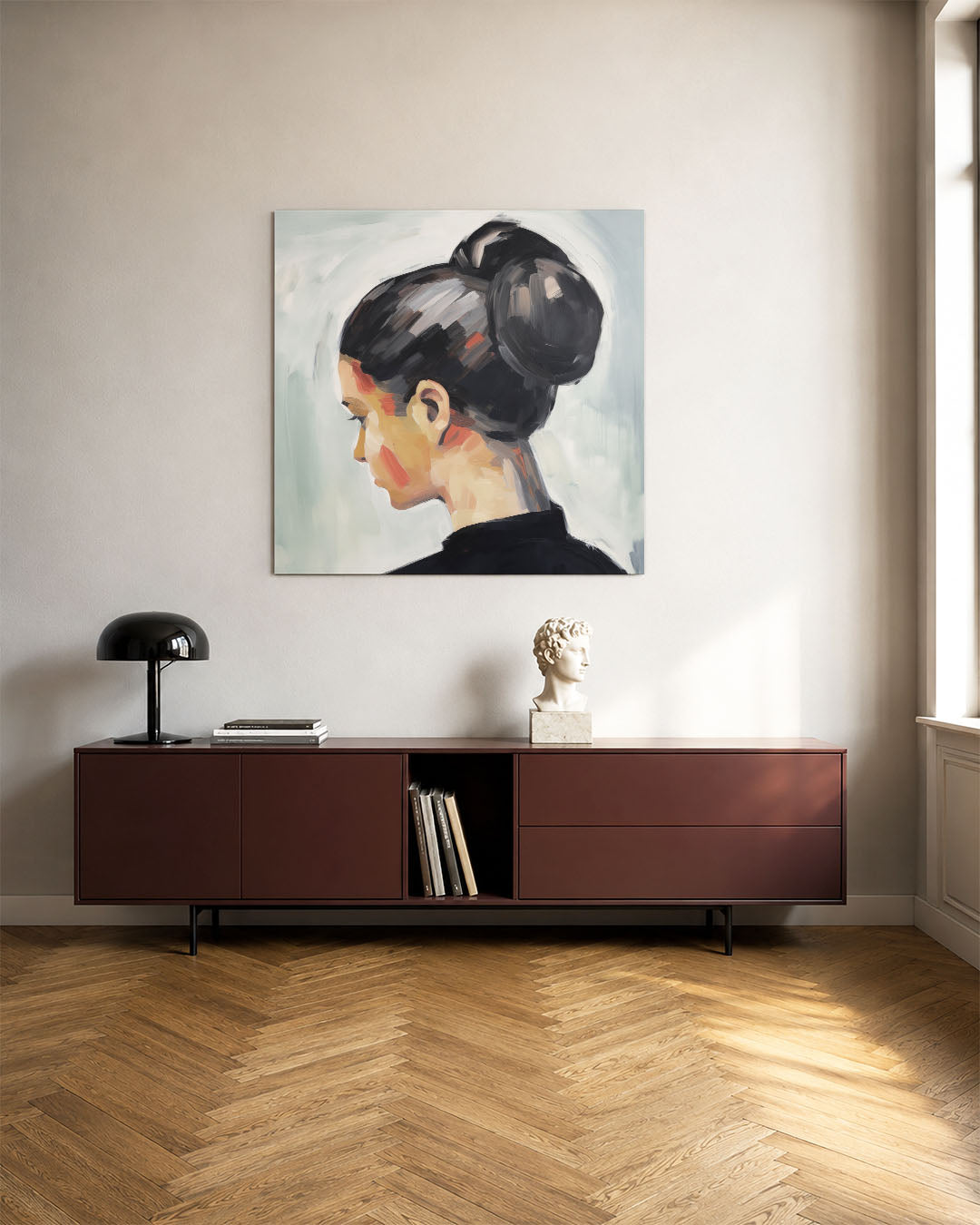 Portret met zachte tinten kunstwerk – tweede productweergave – dit werk toont een zijaanzicht van een vrouw met een knot