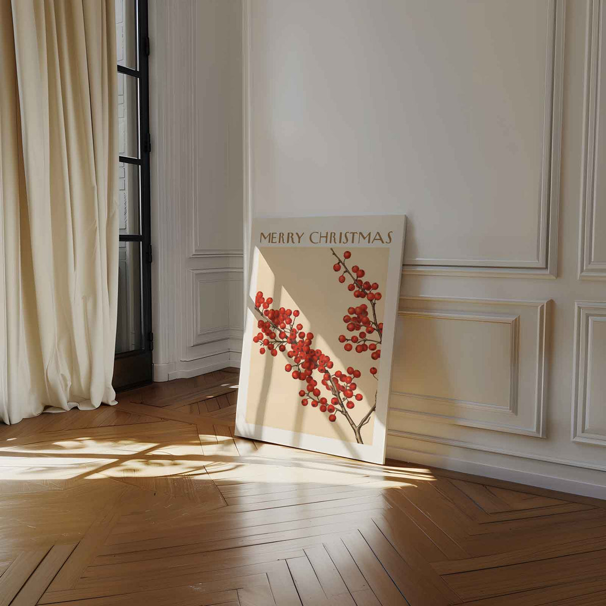 Vintage Kerstkaart met Rode Bessen – staand kunstwerk voor modern interieur