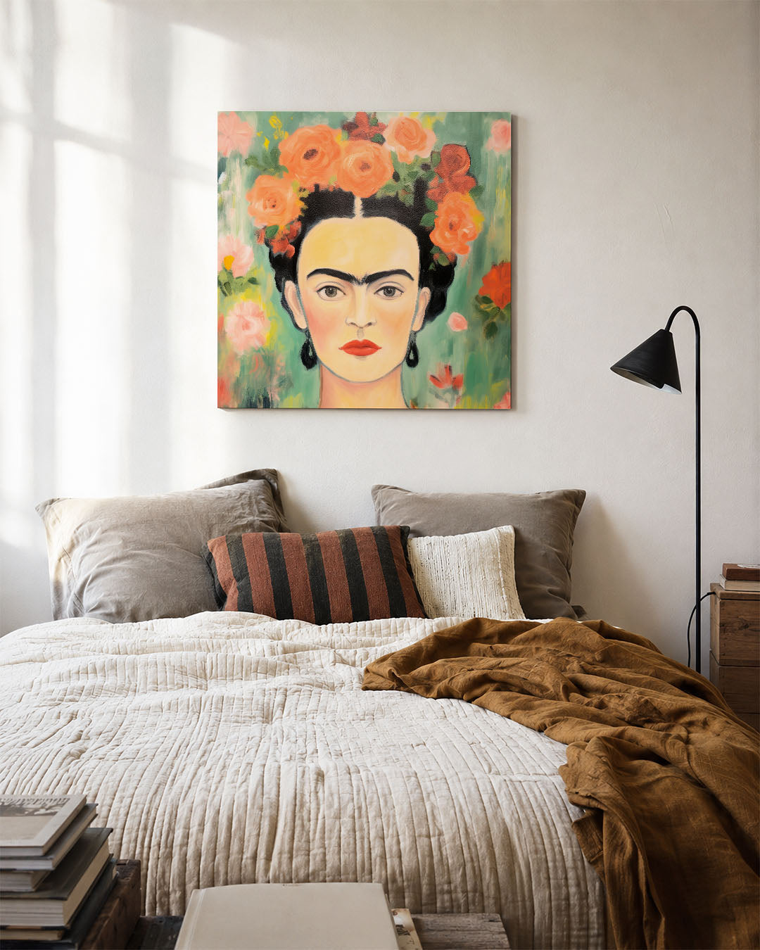 Bloemrijke portret kunstwerk – detailweergave – dit kunstwerk toont een centraal geplaatst gezicht omringd door levendige