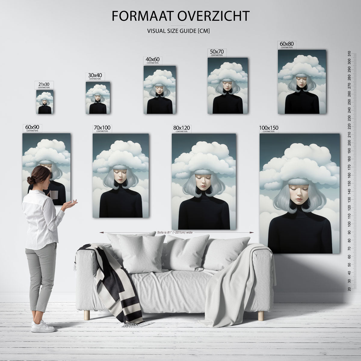 Vrouw met wolken – staande muurposter met surrealistische uitstraling
