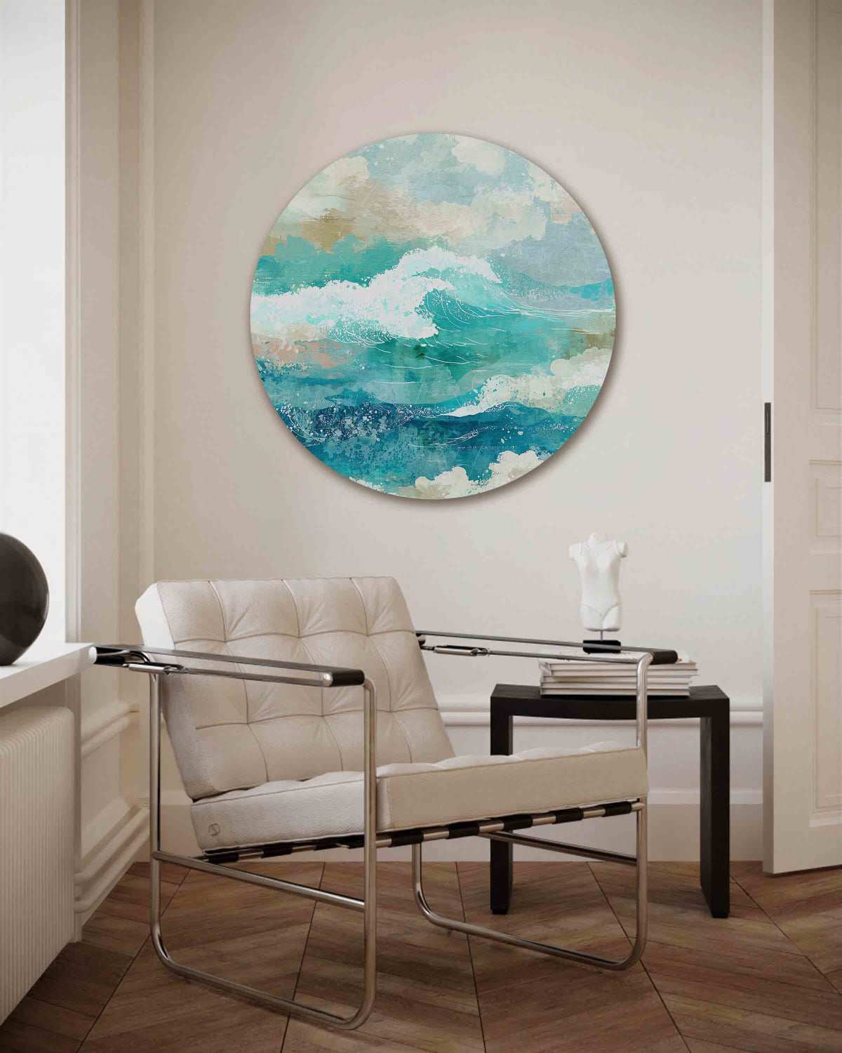 Golven en wolken – abstracte muurcirkel als ronde wanddecoratie