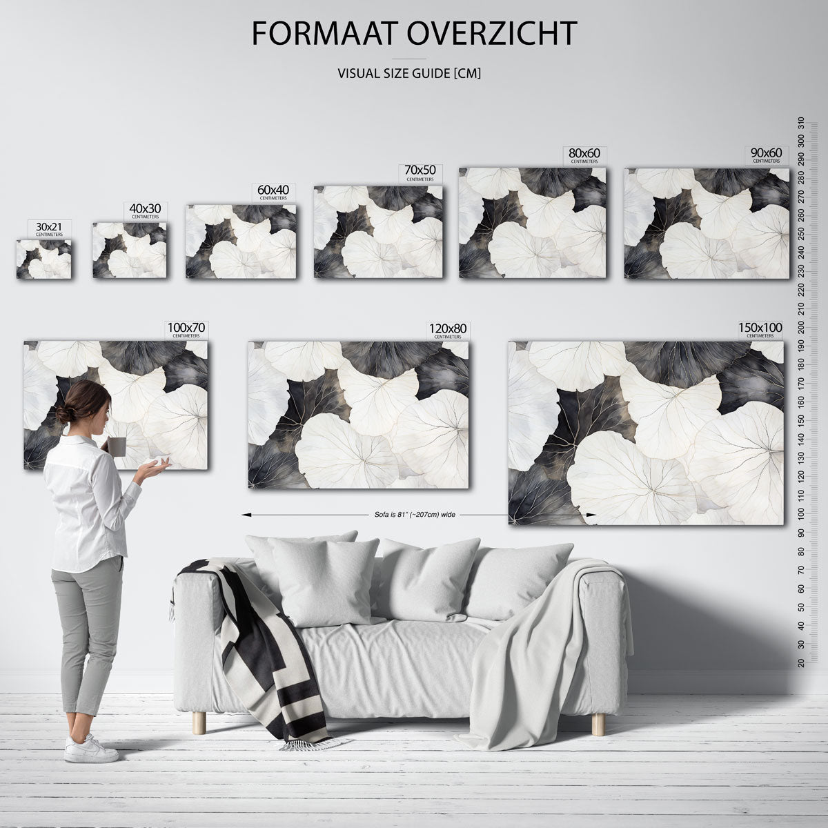 Bladeren in zwart wit – liggende muurposter met abstracte vormen