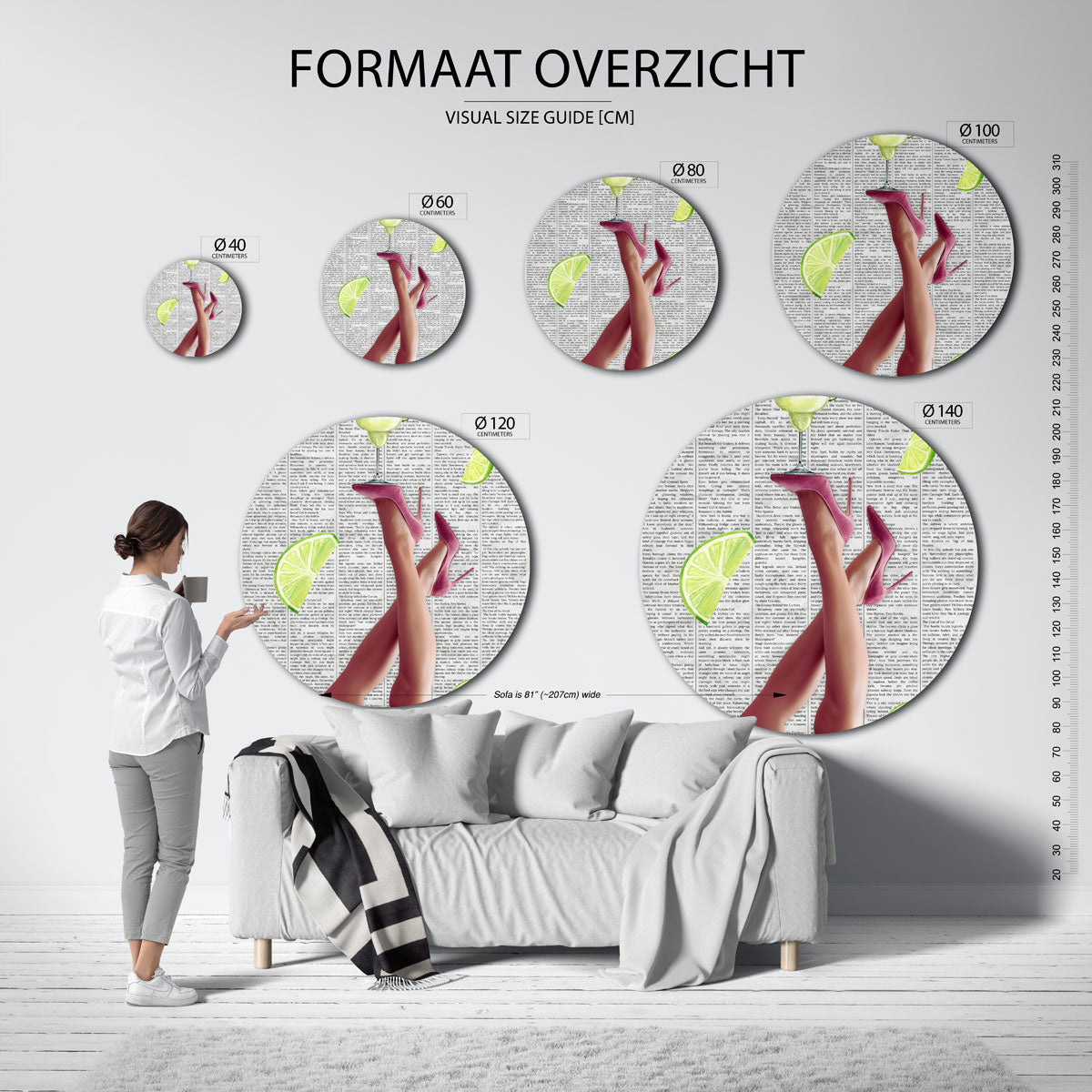 Roze hakken en limoenen – kleurrijke ronde muurdecoratie in Pop Art stijl