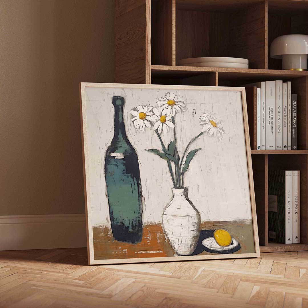 Fles en bloemen – moderne wandkunst met kleur en vormen als poster