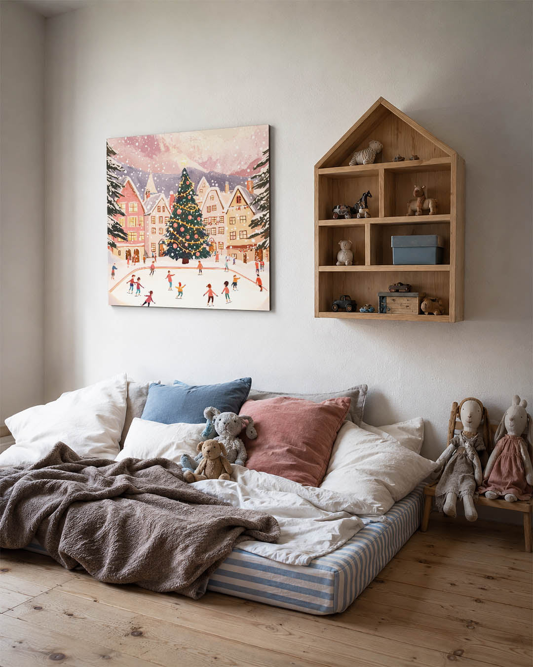 Winterse ijsbaanscène kunstwerk – derde productweergave – een sfeervol plein met een grote kerstboom en schaatsende mensen.