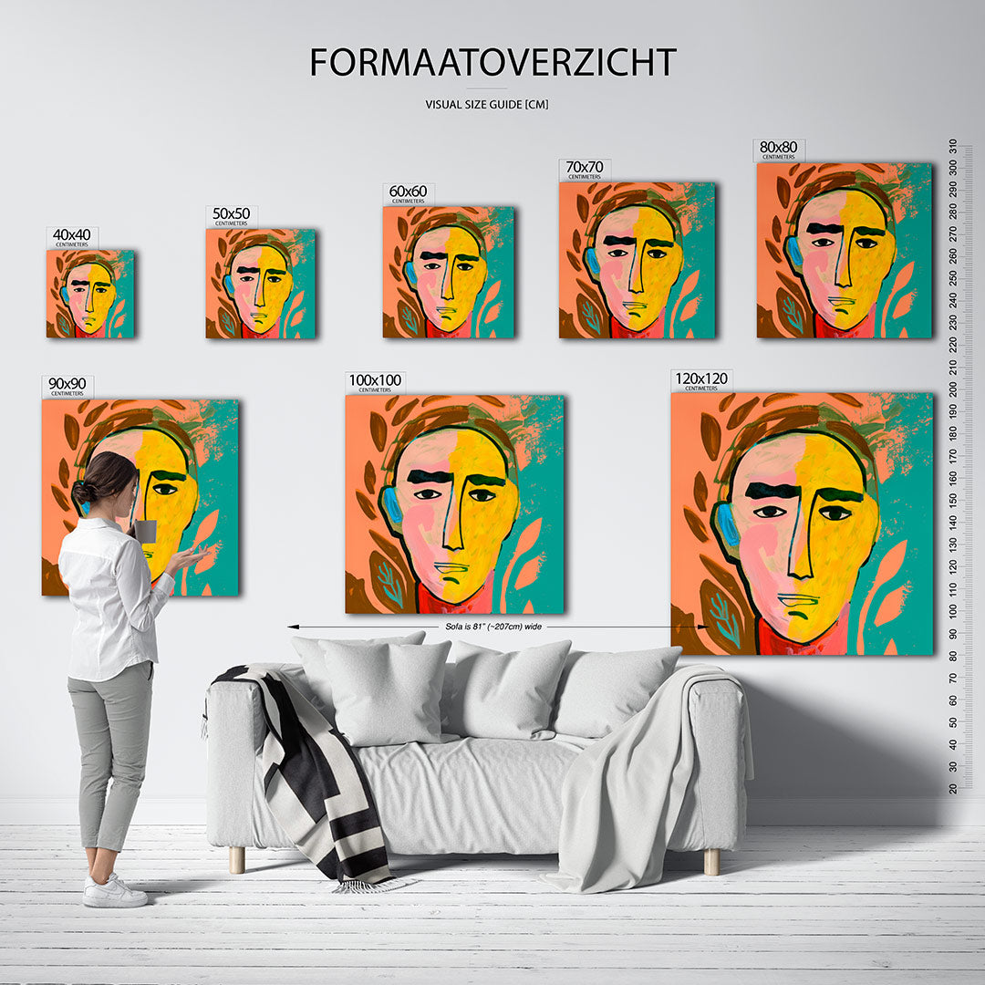 Gezichtsvormen kunstwerk – sfeerbeeld – dit werk toont een gezicht met gedurfde lijnen en contrasterende kleuren. De