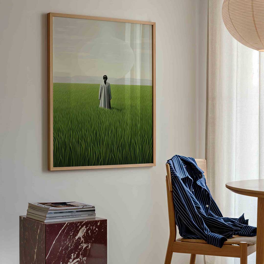 Persoon in groen veld – kleurrijke illustratie poster in staand formaat