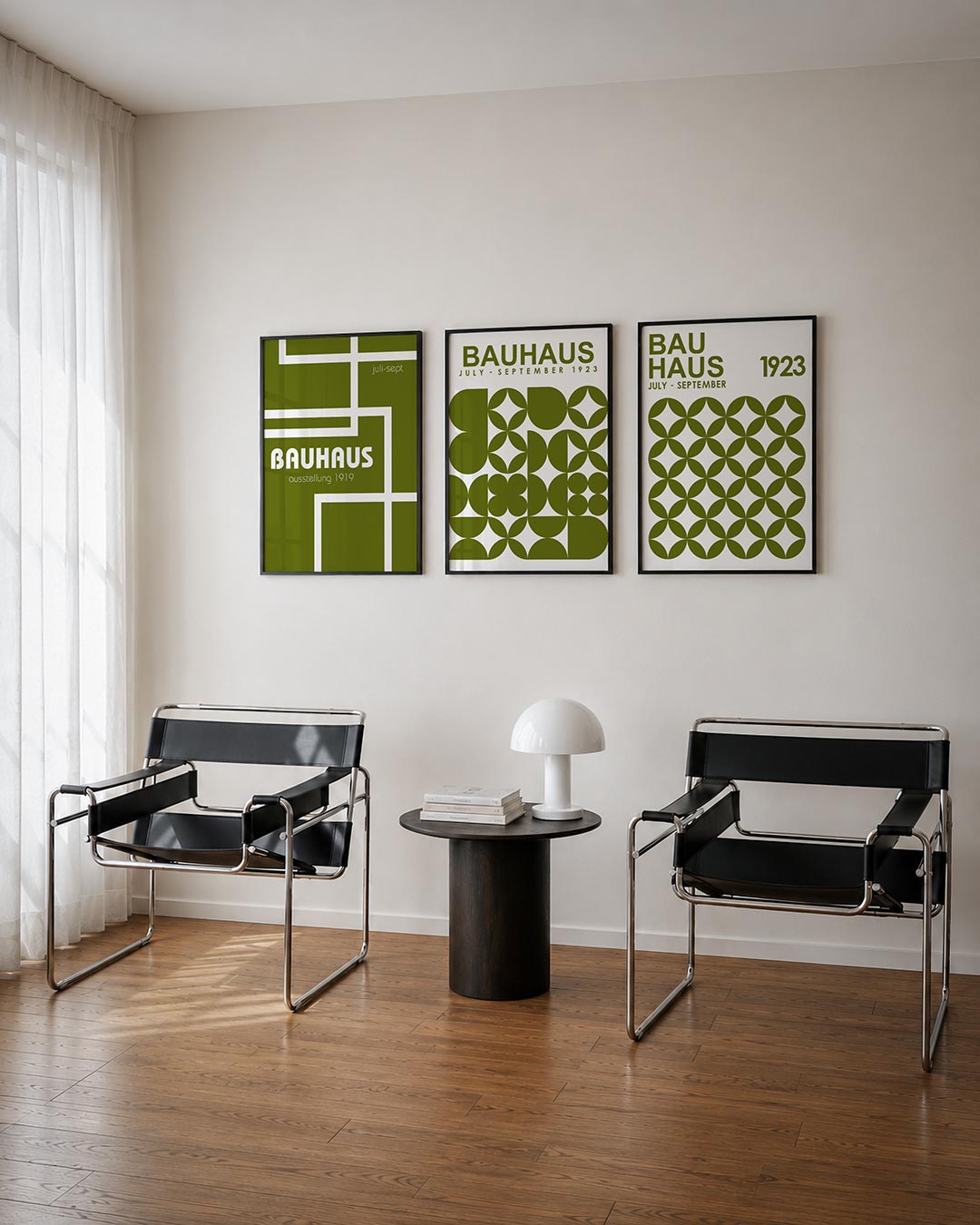 Lijnen en vlakken driedelige posterset – deze posterset in drie delen toont een spel van witte lijnen op een olijfgroene