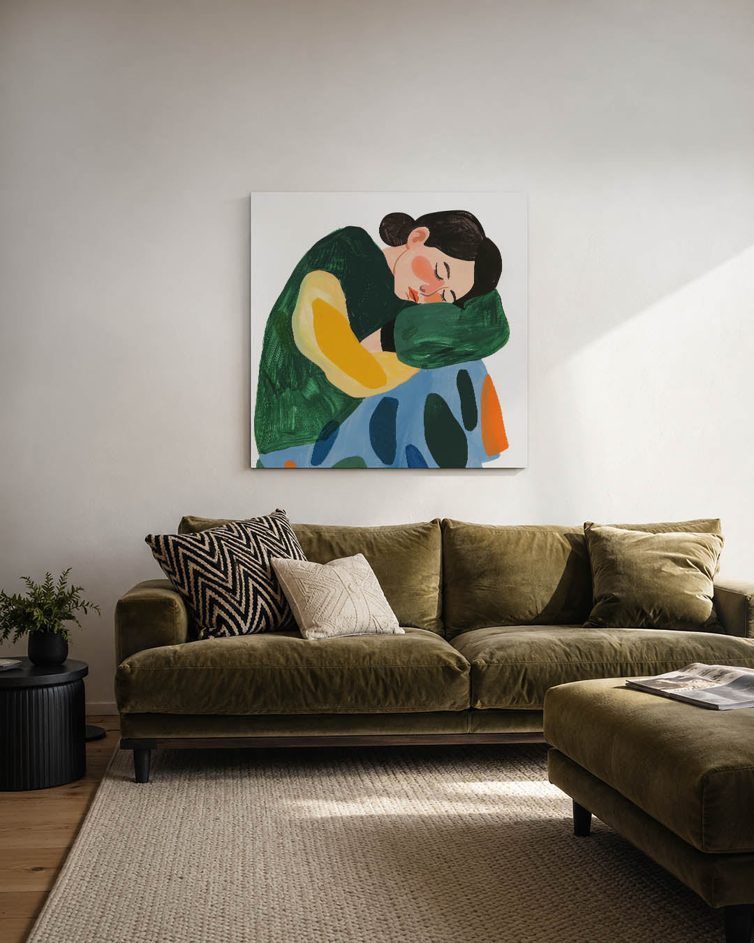 Dromerige vormen kunstwerk – derde productweergave – dit kunstwerk toont een figuur in rust, omgeven door vloeiende vormen en