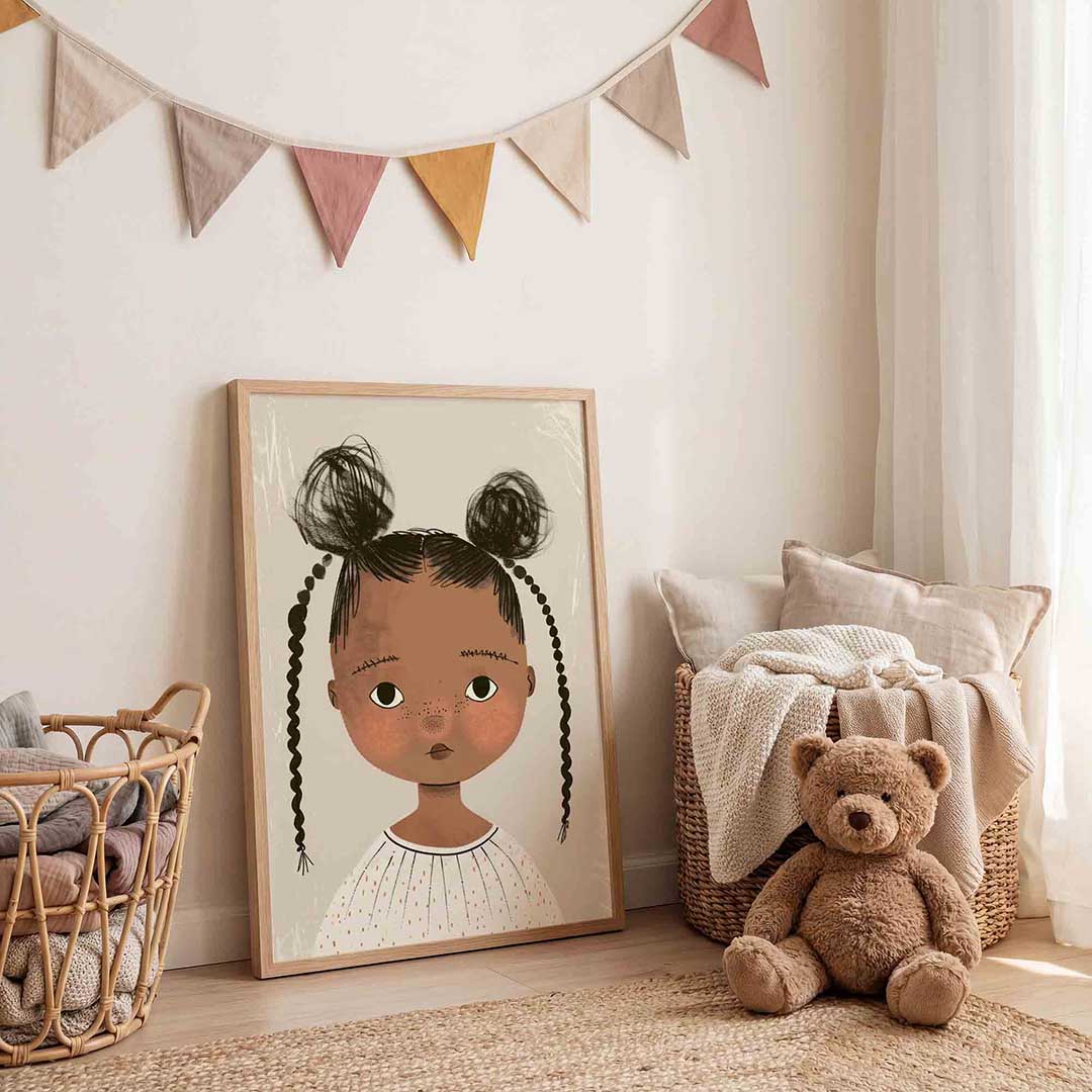 Meisje met vlechten – speelse wandkunst als portret kinderposter