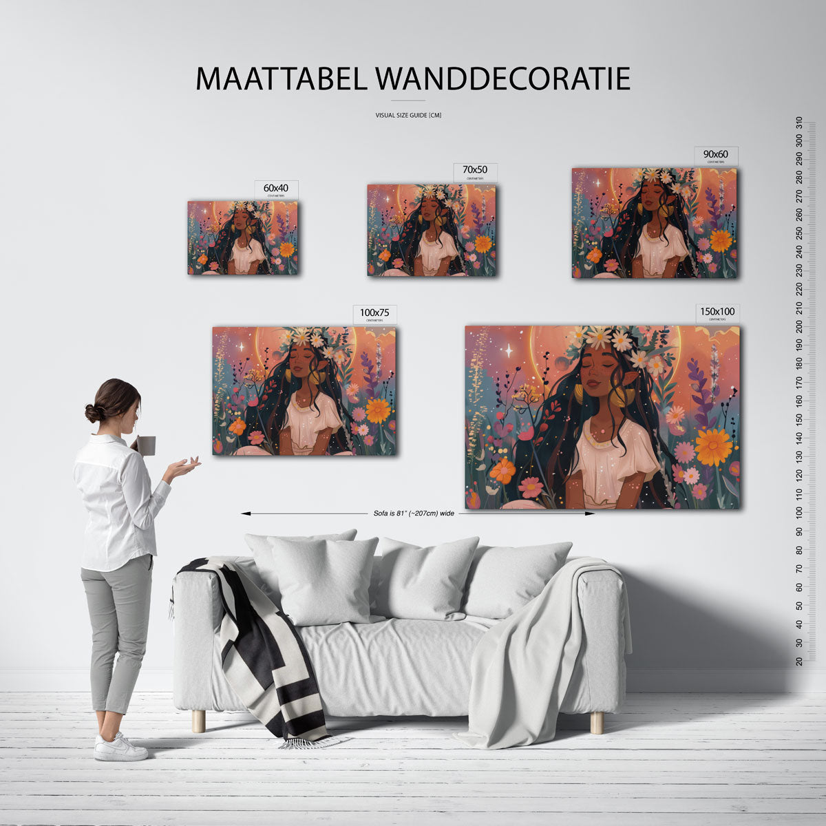 Dromerige bloemenmeisje – moderne liggende wanddecoratie