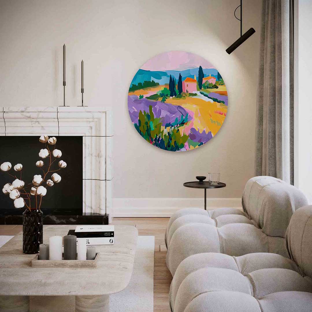 Landschap met lavendelvelden – abstracte textuur muurcirkel als wanddecoratie