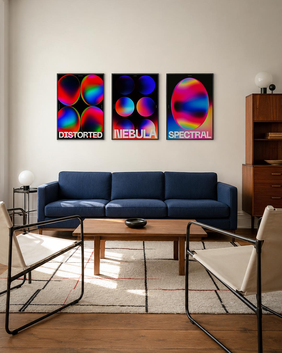 Kleurrijke cirkelcompositie posterset – derde productweergave – vier grote cirkels met vloeiende overgangen van rood, blauw