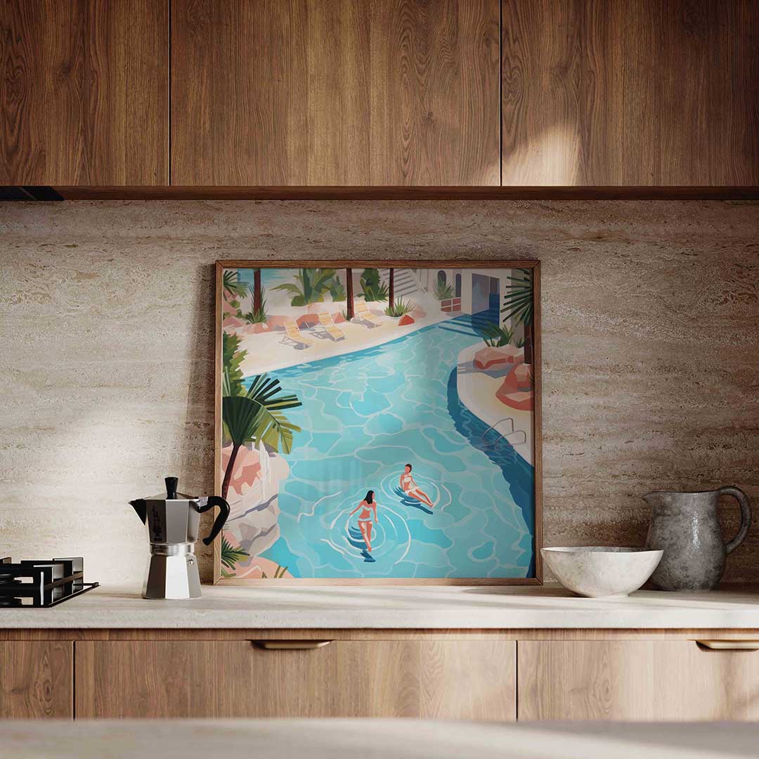 Zwembad met palmbomen – culinaire wandkunst als vierkante poster