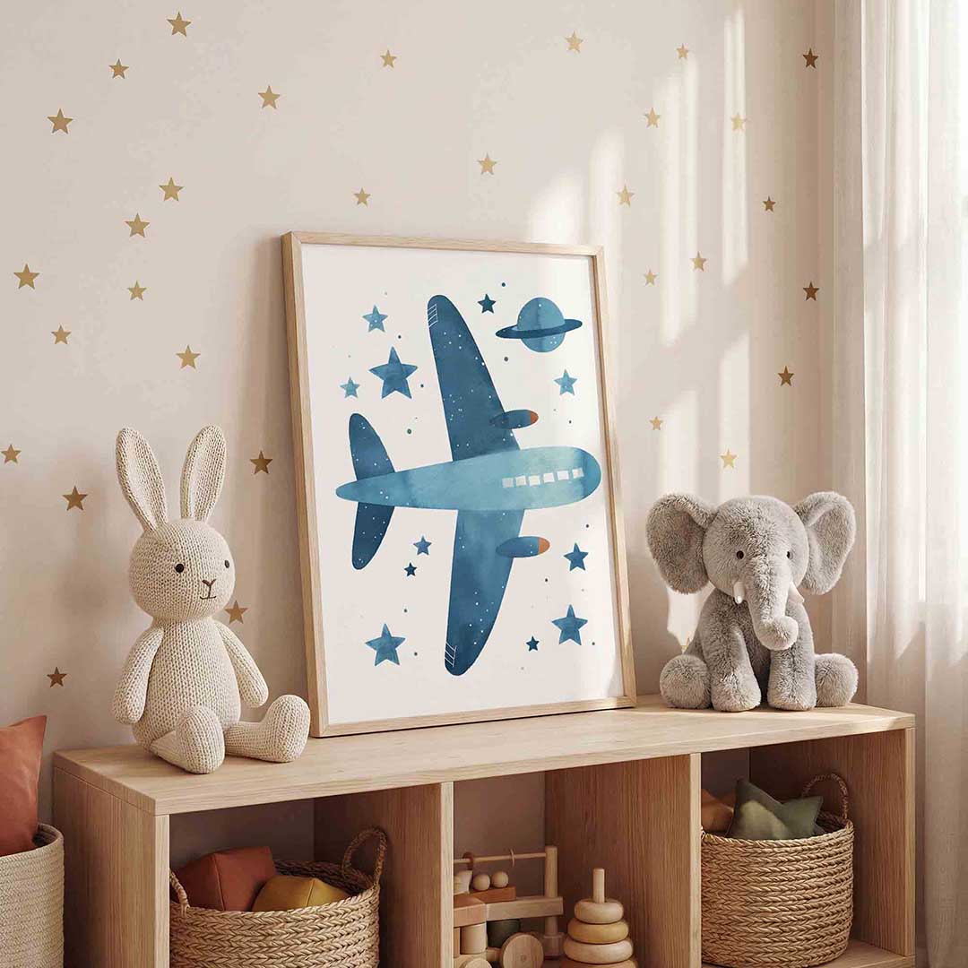 Vliegtuig en sterren – staande kinderkamer wanddecoratie van WallArtistic