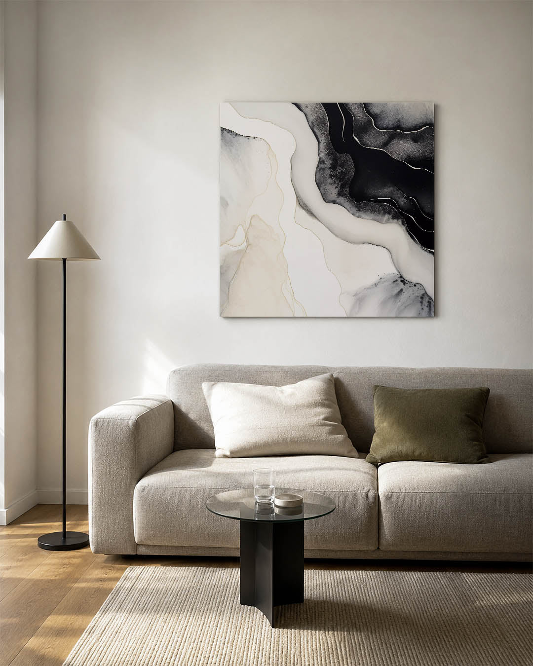 Organische lijnen kunstwerk – vierkante wanddecoratie – dit kunstwerk toont vloeiende, organische lijnen in zwart-wit en