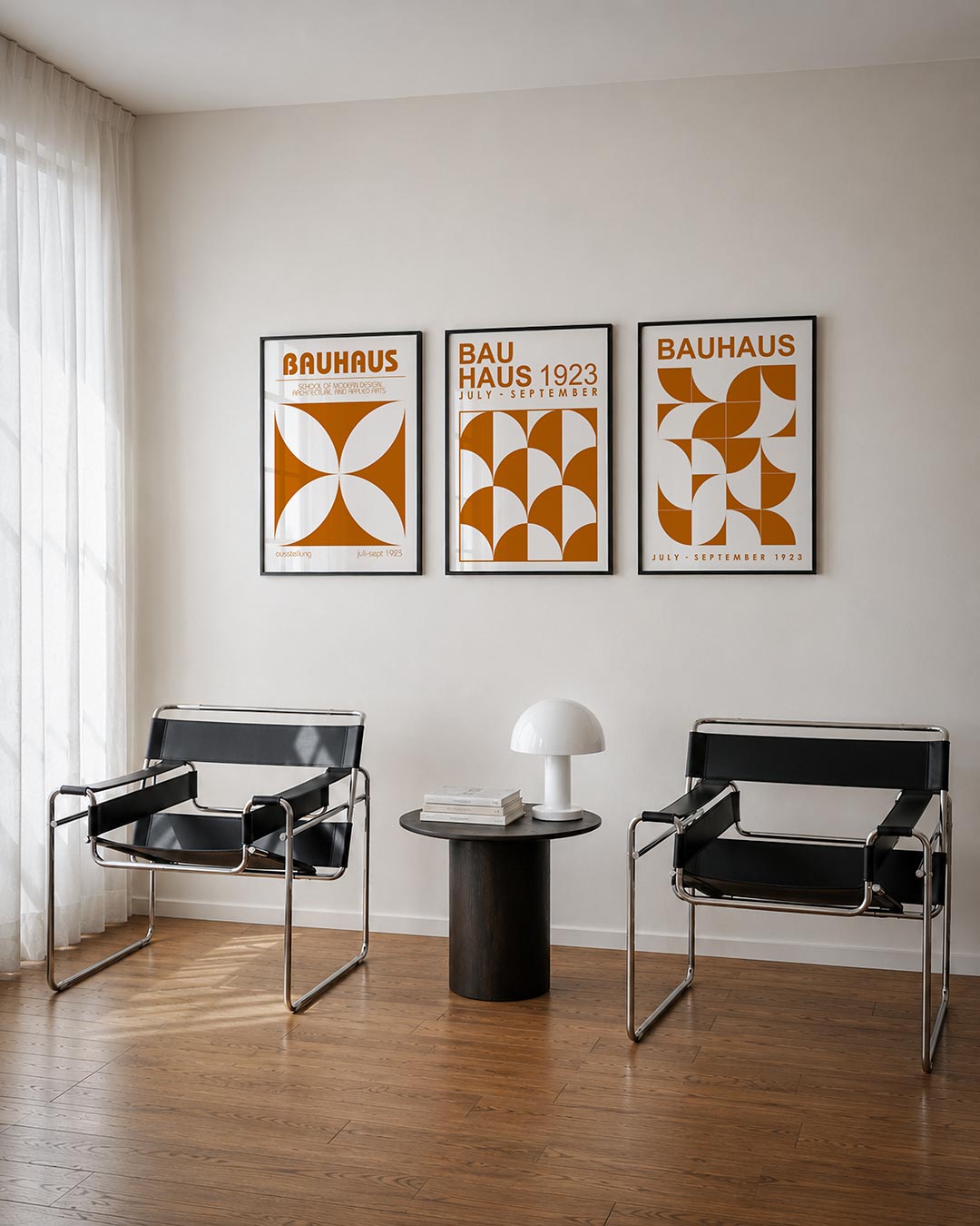 Vorm en balans driedelige posterset – deze posterset in drie delen toont een harmonie van oranje en wit, met vloeiende lijnen
