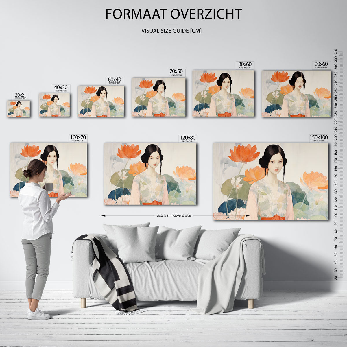 Vrouw met bloemen – liggende muurposter voor keuken of eethoek
