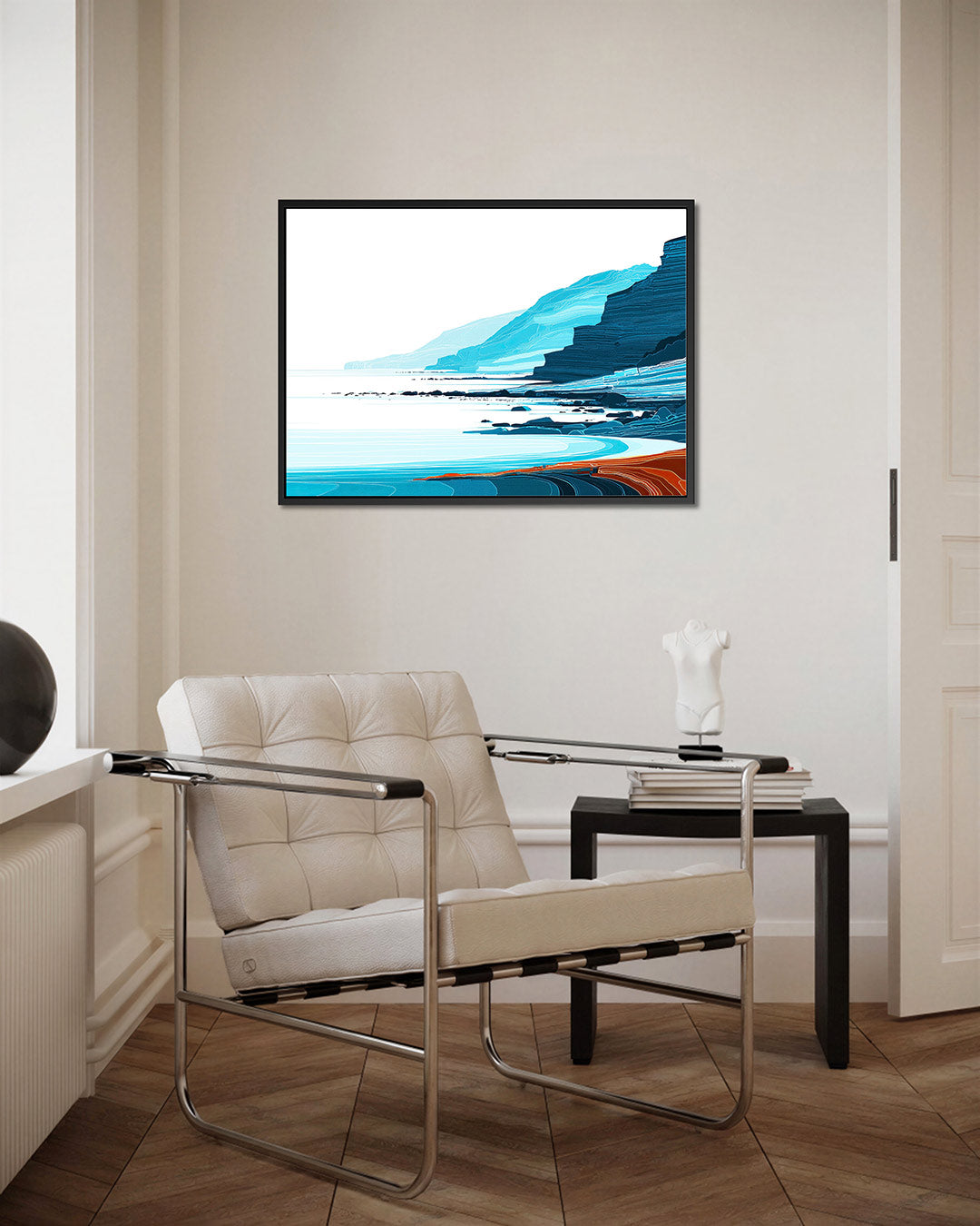 Kustlijn in blauwtinten – kunstwerk op canvas, dibond of plexiglas