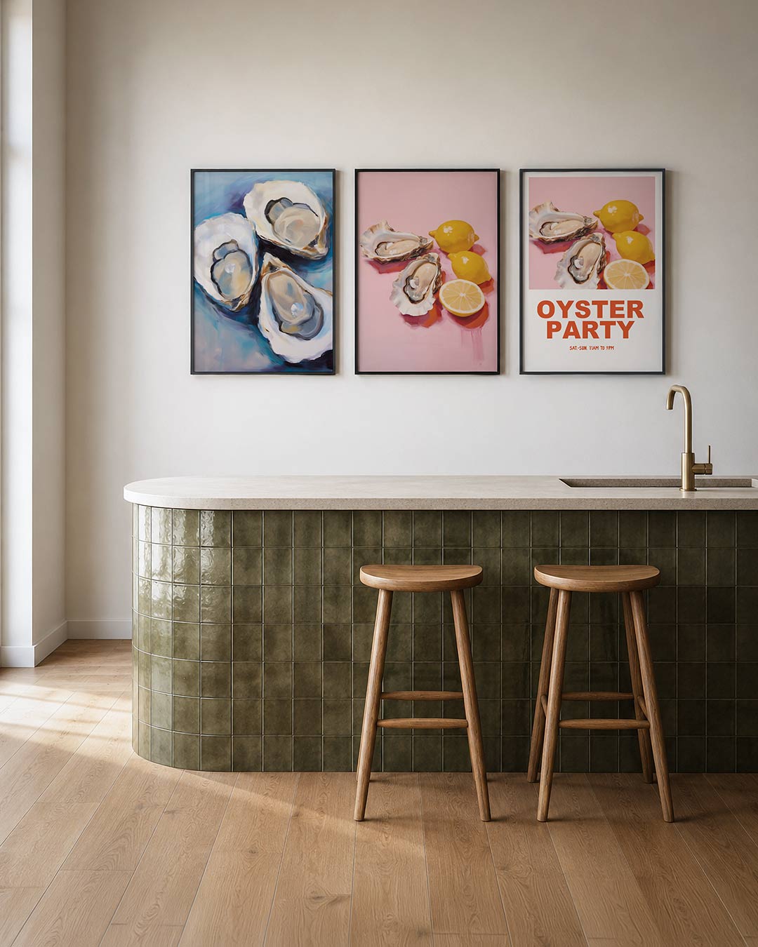 Zee en schelpen – deze driedelige postercombinatie toont zachte, vloeiende vormen van schelpen – weergave 2