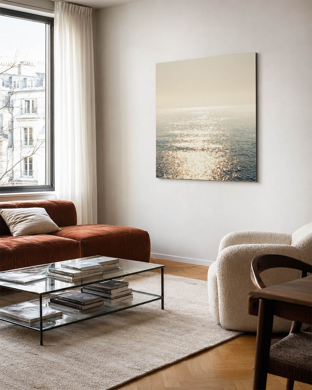 Zonlicht op water kunstwerk – vierkante wanddecoratie – dit werk toont een serene zee met schitteringen van zonlicht op het