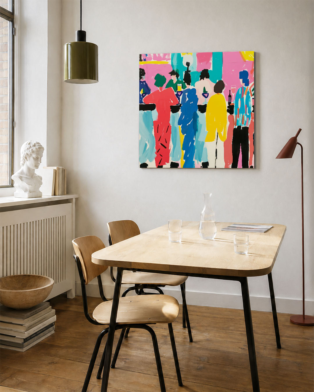 Kleurrijke figuren kunstwerk – vierkante wanddecoratie – dit werk toont een levendige groep silhouetten in een dynamische