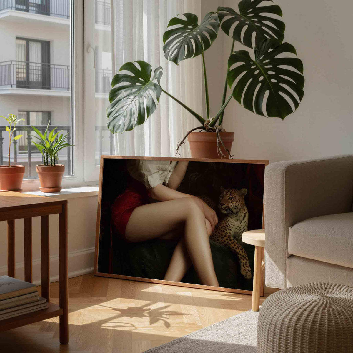 Vrouw met luipaard – moderne wandkunst als landscape poster